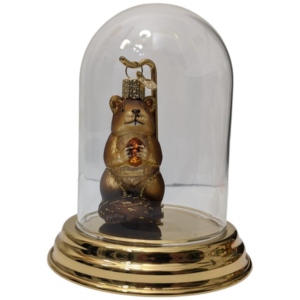 Old World Christmas Chipmunk Ornament Glass Dome Display Stand Blown Glass 2004